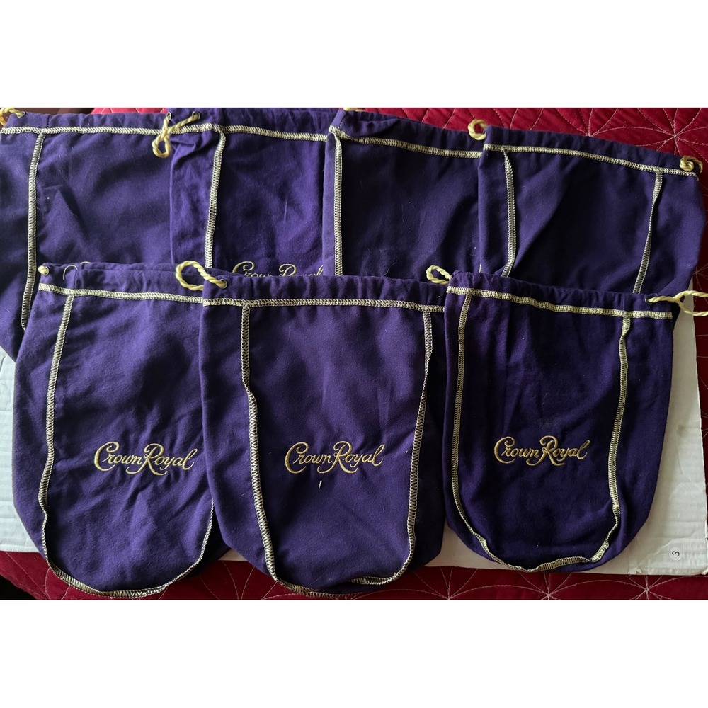Lot of 7 Crown Royal Purple Drawstring Bags Gold Embroidery 9 Inch Pouches